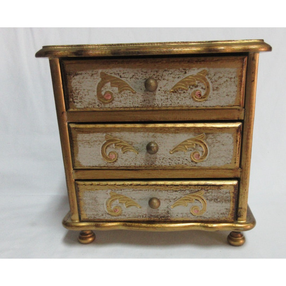 Vintage Florentine Gold Giltwood Jewelry Box 3 Drawer Music Box Made in Japan - Picture 1 of 9